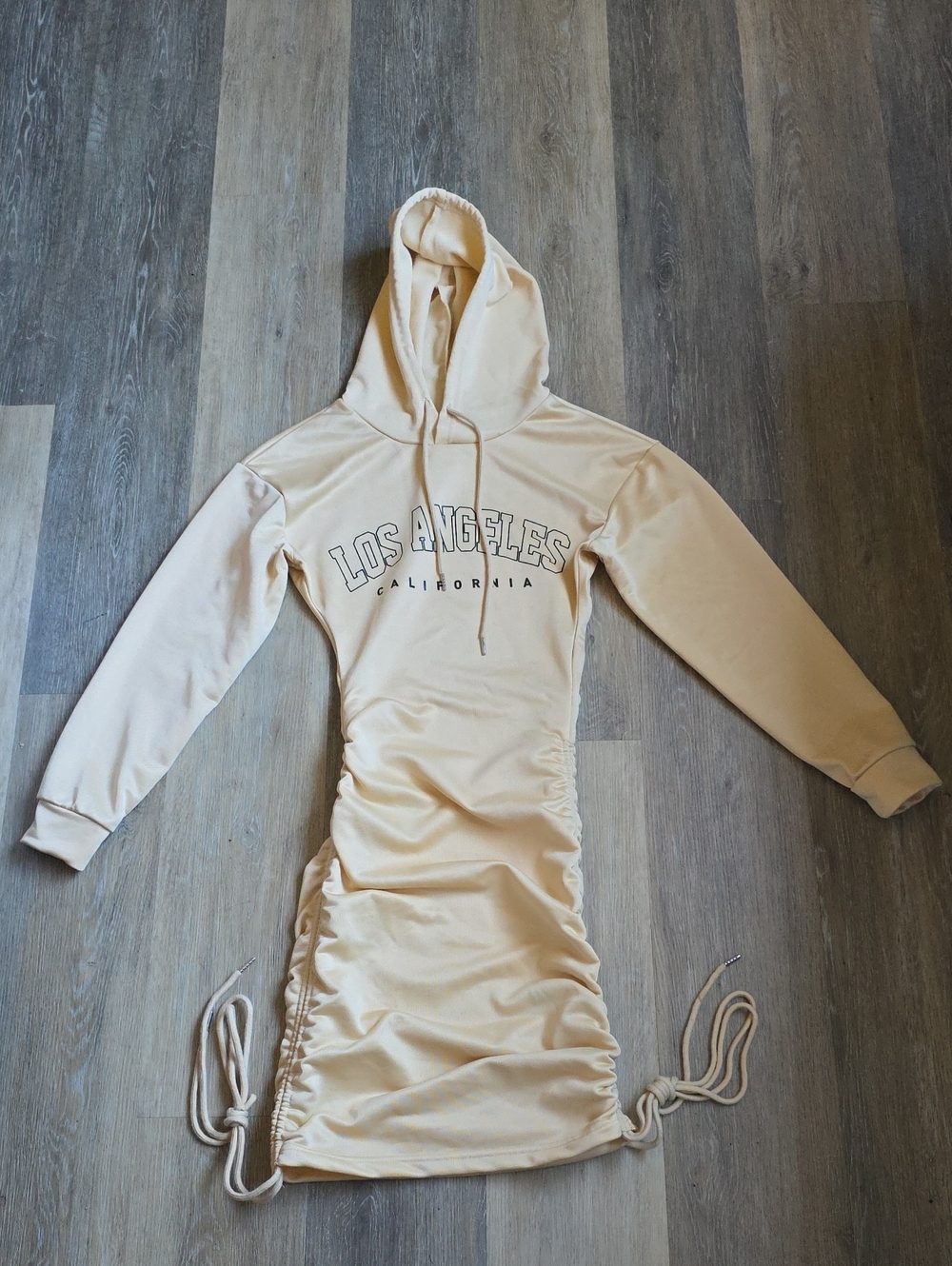 Los Angeles Hooded Ruched Long Sleeve Dress in Cream